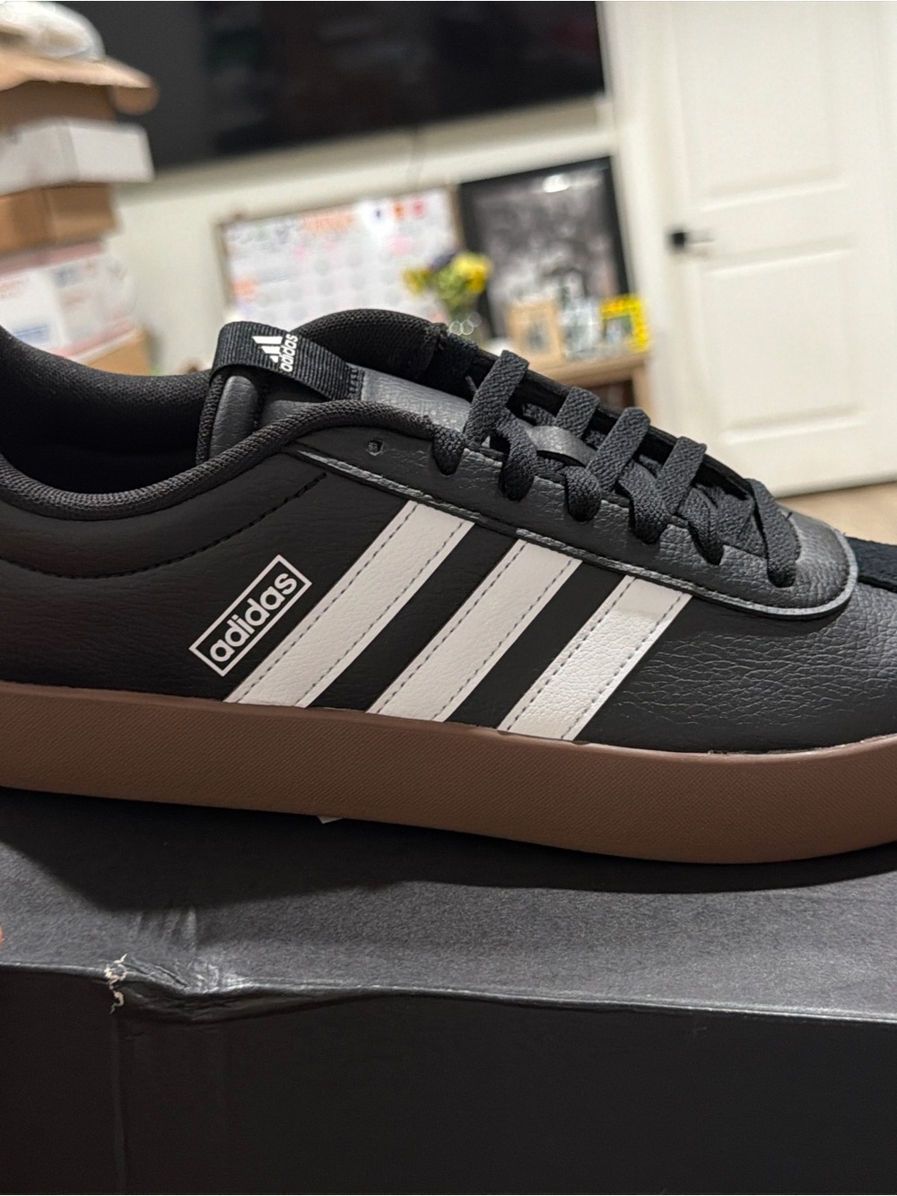 adidas Men's Black Sneakers with White Stripes and Brown Gum Sole